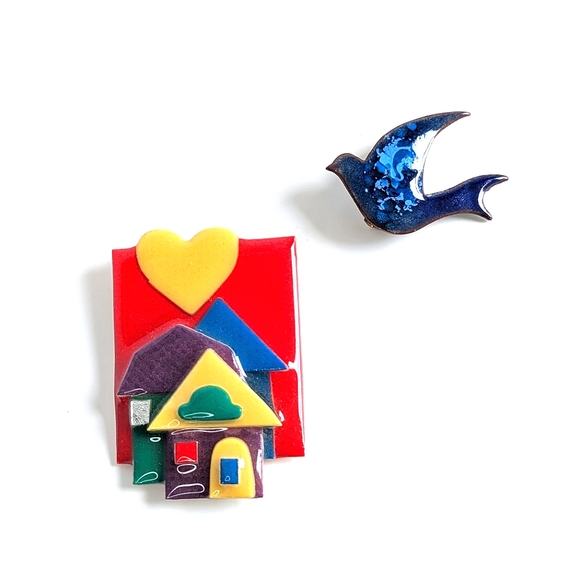 Brooch Duo Swirl Enamel Bird, Designs By Lucinda House Pin Red Yellow Blue - Picture 2 of 7